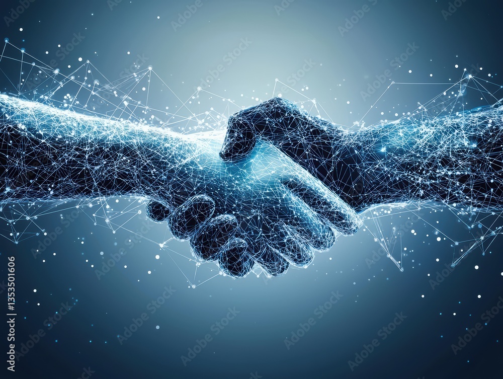 Aufkleber digital representation of handshake symbolizes collaboration between humans and technology, showcasi