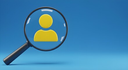 Yellow human icon in magnifying glass on blue background 