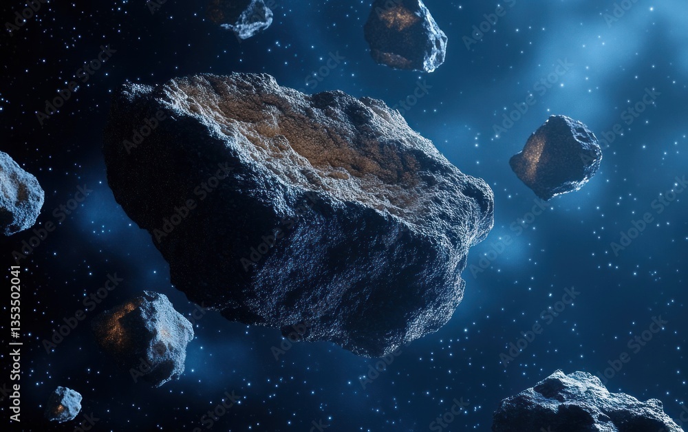 Poster asteroids and rocks in deep space with blue light and texture in cosmic background