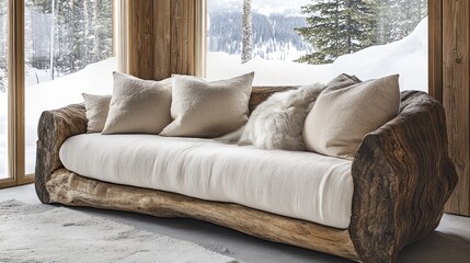 Rustic log sofa with neutral cushions in cozy winter interior