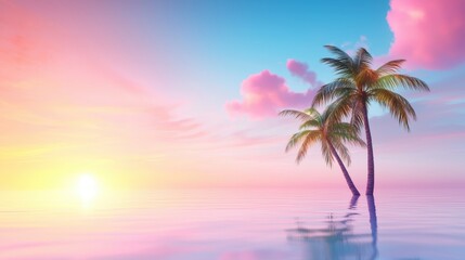 Fototapeta premium Colorful Tropical and Exotic Location Sunset over a tropical island with palm trees and colorful sky, creating a romantic and serene atmosphere