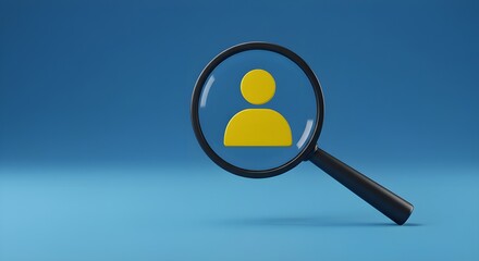 Yellow human icon in magnifying glass on blue background