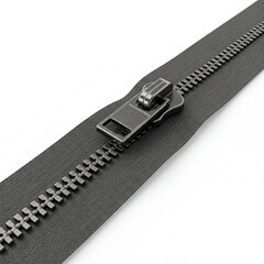 closeup of black zipper with metal slider on white background 3d render