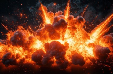 Explosive Fireball and Smoke with Fiery Clouds on Dark Background