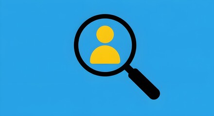 Yellow human icon in magnifying glass on blue background