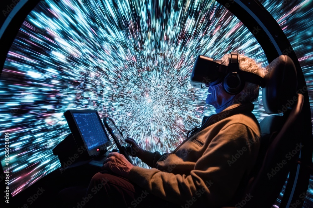 Poster researcher using virtual reality technology to explore immersive environments, showcasing futuristic
