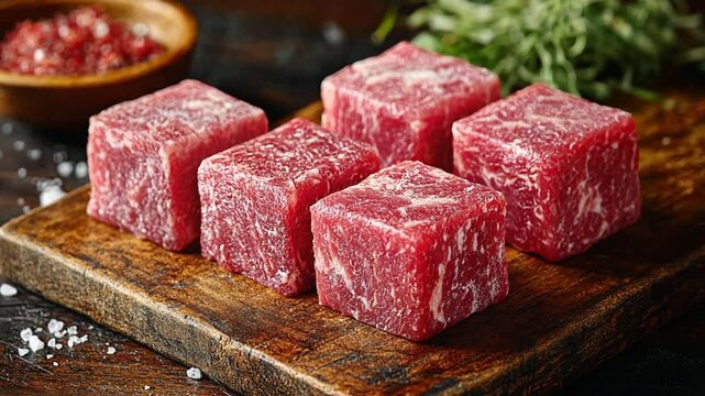 Fresh beef cubes on wooden board, prepared for cooking, in rustic kitchen setting. Use Stock photo for food, restaurant, or culinary websites