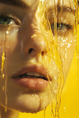 Close-Up of Face with Yellow Liquid Flowing Down Skin