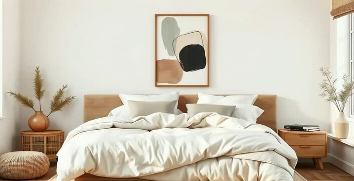 Adorable, cute logo for a cozy, elegant bedroom setting with layered bedding, natural materials, and abstract artwork, featuring geometric shapes, clean lines, balance, symmetry, and visual clarity.