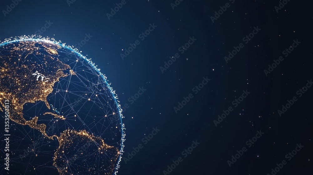 Poster globe global connectivity and networking earth with glowing network lines and nodes, blue background