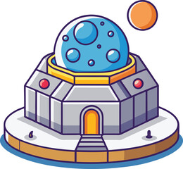 Futuristic Space Station Vector Illustration, A sleek vector illustration of a futuristic space station with a domed structure, surrounded by planets and stars, in a sci-fi design.
