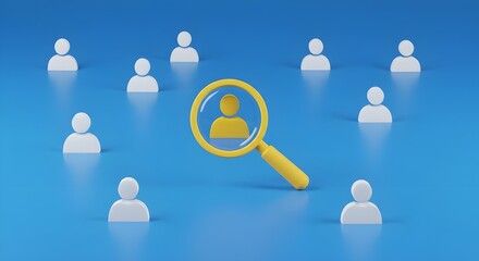 Yellow human icon in magnifying glass among white icons on blue background 