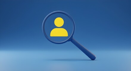 Yellow human icon in magnifying glass on blue background