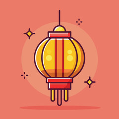 Obraz premium Festive Chinese Lantern Vector Illustration, A vibrant vector illustration of a yellow Chinese lantern with red accents, sparkling design, set against a warm orange background. 
