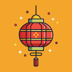 Obraz premium Chinese Lantern Vector Illustration, A festive vector illustration of a red Chinese lantern with golden accents and a sparkling design, set against an orange background. 
