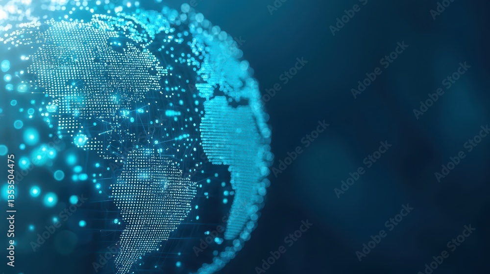 Poster global network connections world map with interconnected dots and data streams, blue background, vis