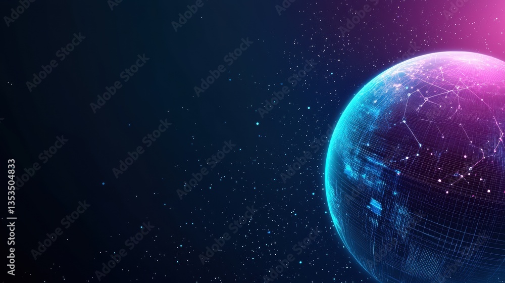 Poster technology and data visualization rotating globe with digital grids and data overlays, space backgro