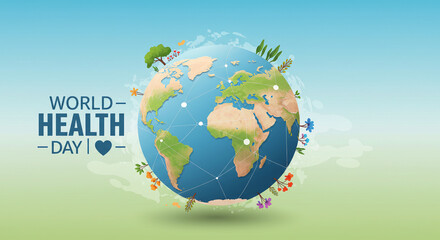 Naklejka premium World Health Day Global Healthcare Concept with Medical Icons and Earth Illustration