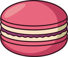 Macaron Cookie Vector Illustration, A colorful vector illustration of a pink macaron with yellow and purple fillings, designed in a cute and simple style.
