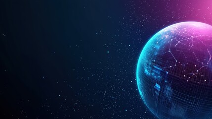 Fototapeta premium Technology and Data Visualization Rotating globe with digital grids and data overlays, space background, visualizing global technological interconnectedness
