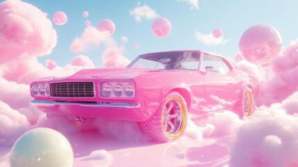 Pink Classic Car Driving Through Fluffy Pink Clouds