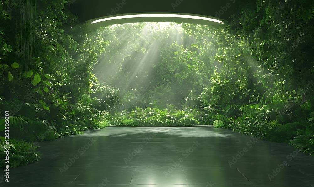 Poster lush green space with abundant foliage and soft lighting, creating a serene atmosphere.