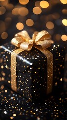 Glittering Gold Gift Box on Dark Background