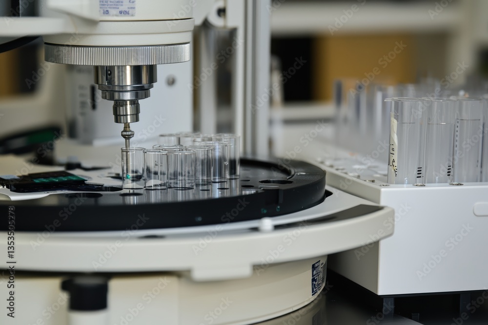 Poster laboratory equipment is shown with precision instruments analyzing samples in test tubes, highlighti
