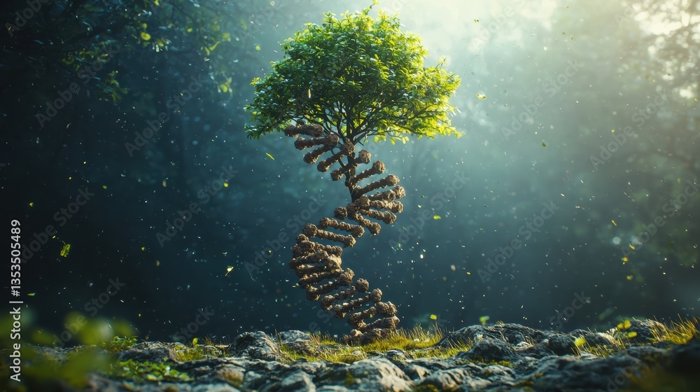 Poster captivating artistic interpretation of dna strand formed by tree, symbolizing connection between nat