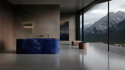 Modern, minimalist bathroom with a stunning mountain view.  