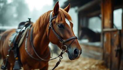 Obraz premium Majestic Chestnut Horse in Rustic Stable: A Serene Equestrian Portrait
