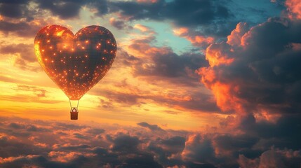 Fototapeta premium Heart Shaped Hot Air Balloon Soaring Through Sunset Clouds