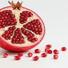 closeup of half pomegranate with seeds scattered on white background
