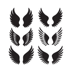 Wings Icon Set. Collection of black wing designs featuring various styles, including bird wings and angel wings. Diverse wing shapes ideal for logos, emblems, or decorative elements. Vector