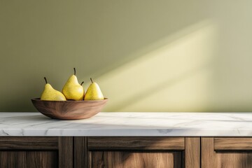 Yellow pears in wooden bowl on marble countertop, sunny kitchen interior