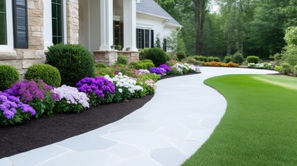 Obraz premium Elegant walkway through a landscaped front yard. A curved pathway of light gray stone winds through vibrant flowerbeds, bordered by lush greenery. 