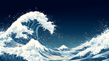The Great Wave: An iconic depiction of the ocean's raw power, with a colossal wave cresting against a deep, dark background, reflecting the beauty and dynamic energy of nature.