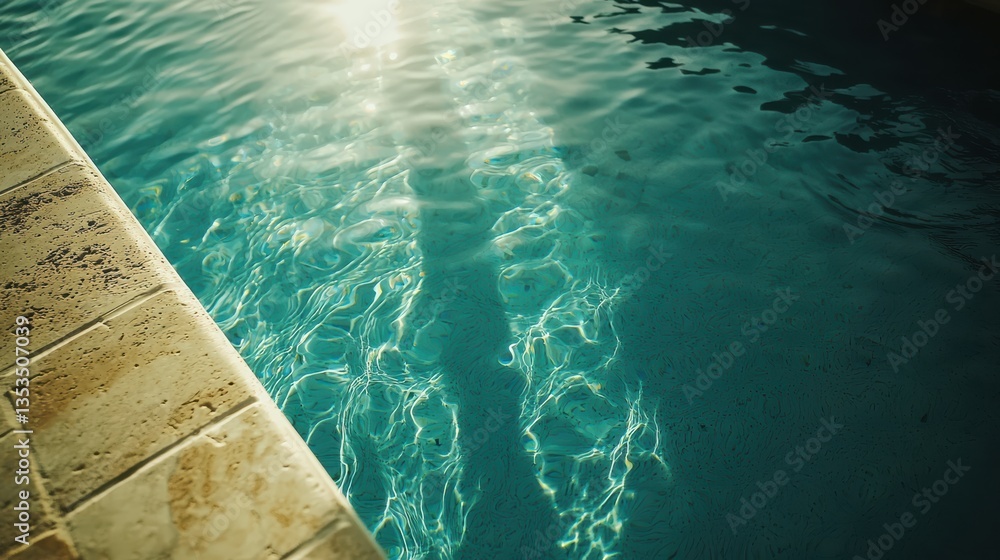 Poster serene view of swimming pool with shimmering water reflecting sunlight, creating tranquil atmosphere