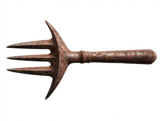 A vintage, rusty gardening fork with a wooden handle, showcasing a classic design used for tilling soil and managing gardens. , Isolate white background 