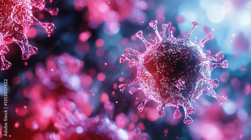 Poster microscopic view of viral particles showcasing intricate details and vibrant colors, illustrating co