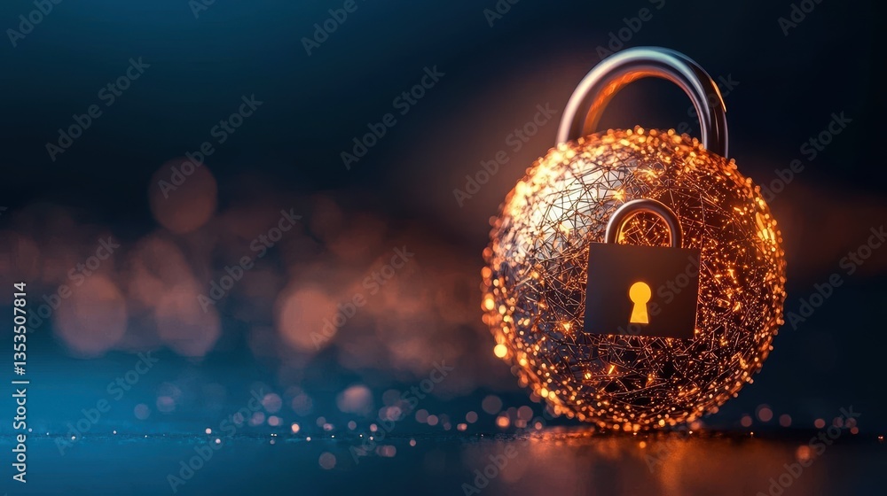 Poster globe cybersecurity and protection 3d globe with firewall and security icons, dark background, repre