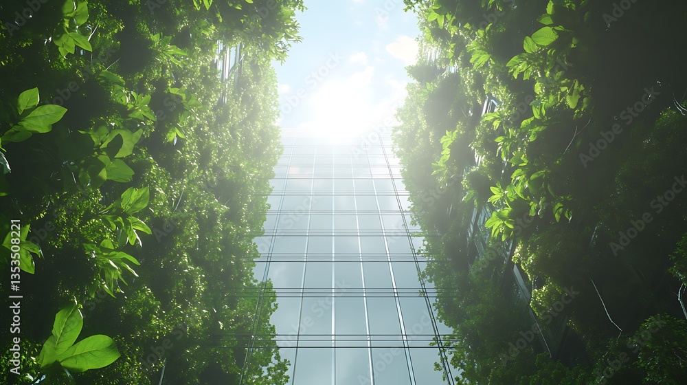Poster a skyscraper surrounded by lush greenery and illuminated by sunlight.