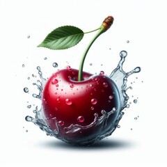 Fresh cherry fruit embraced by splash of water on clean white backdrop