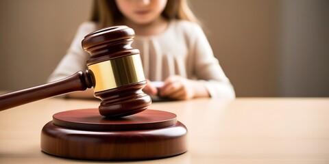 Young girl playing with a wooden judge gavel, symbolizing justice, law, and decision-making. Concept of legal education, child rights, and the future of the judiciary system.