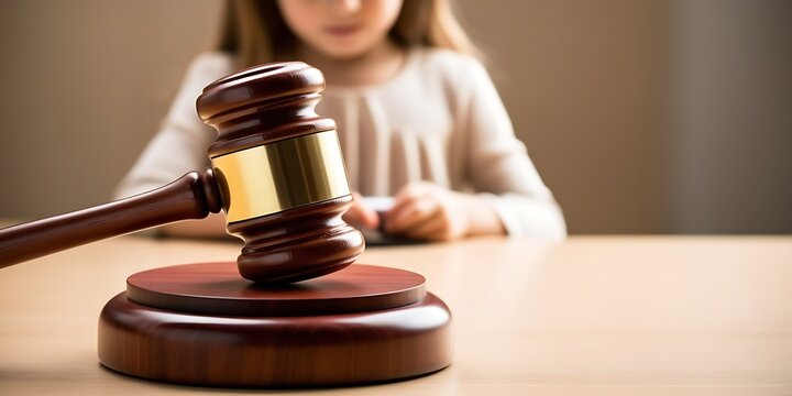 Young girl playing with a wooden judge gavel, symbolizing justice, law, and decision-making. Concept of legal education, child rights, and the future of the judiciary system.

