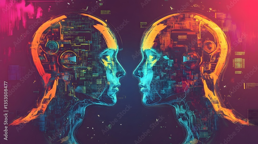 Aufkleber two computer generated faces with a blue and orange background. the faces are very detailed and look