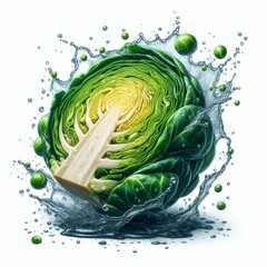 Obraz premium Freshly cut brussel sprout with a refreshing splash of water, healthy food concept