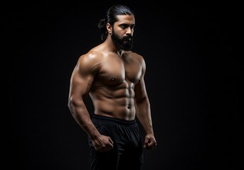 Fototapeta premium Strong and Fit Man with Defined Muscles Against a Black Background