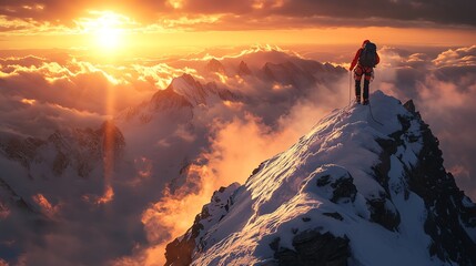 A lone hiker stands triumphantly on a snow-capped mountain peak, watching a breathtaking sunset over a sea of clouds.  Adventure, achievement, and serenity.