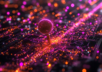 Glowing data circuit board with digital pin marker and bokeh lights